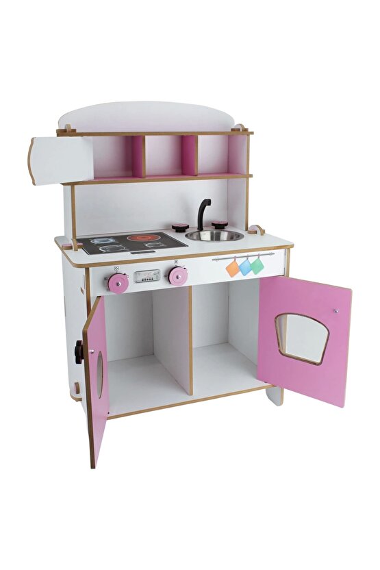 Pratik Hamarat Ahşap Mutfak - Ahşap Çocuk Mutfağı - Mutfak Seti - Kapaklı Mutfak - Pembe