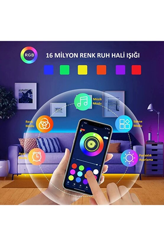 2M RGB LED Şerit Işık Müzik ve Ses Senkronizasyonu Bluetooth Telefon Kontrolü Zamanlayıcı