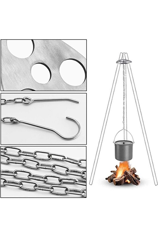 Paslanmaz Çelik Askı Kamp Tripodu Üç Ayaklı Halka, Zincirli ve Kancalı Kamp Tencere Askı Aparatı