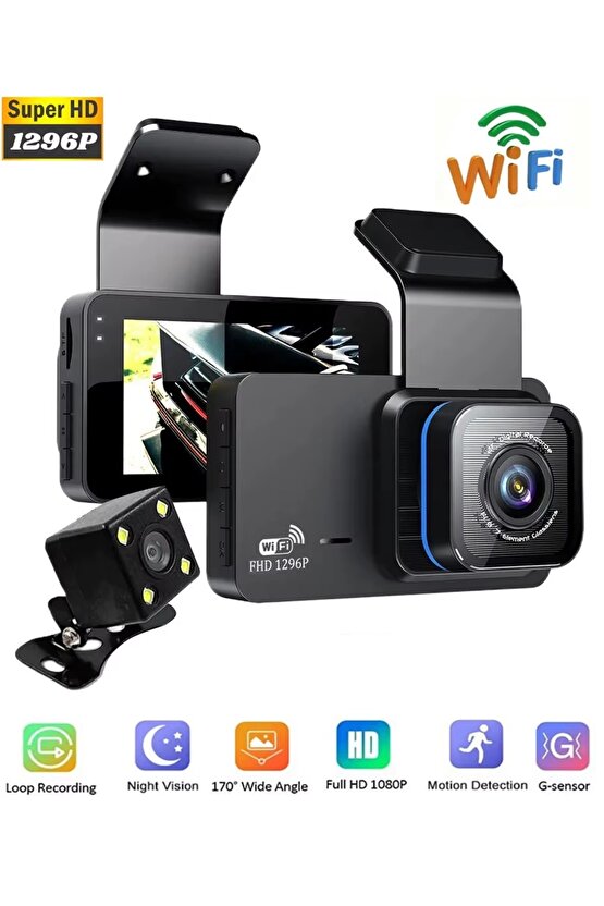 WİFİ Lİ ARAÇ İÇİ KAMERA 3 İNÇ EKRANLI ÖN VE GERİ GÖRÜŞ KAMERALI MİKROFONLU 1296P SUPER HD