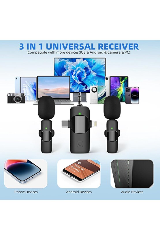 2 Lİ KABLOSUZ YAKA MİKROFONU iOS, Android, Kamera, USB-C  , Video Kaydı, Vloglama, YouTube uyumlu
