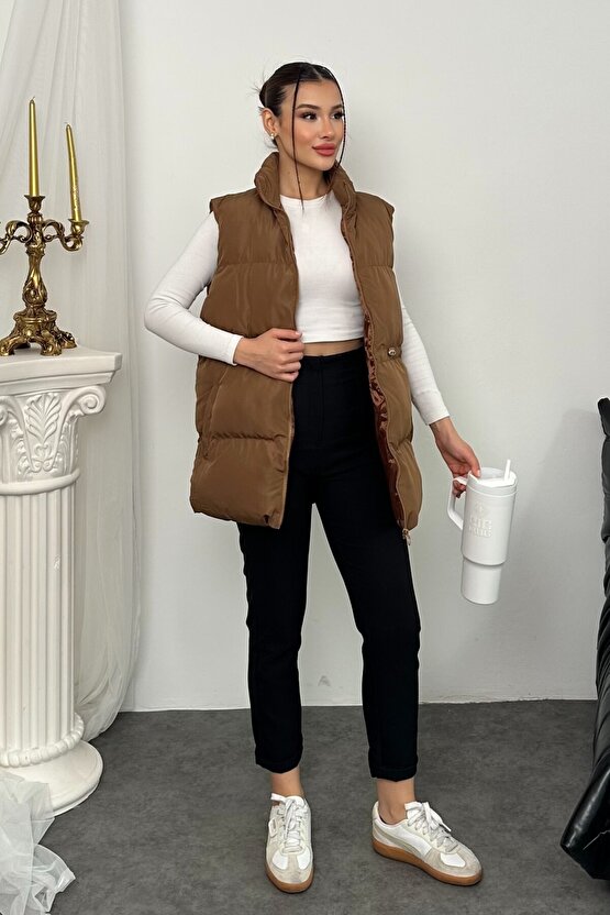 Kadın Kahverengi Şişme Yelek - Fermuarlı Cepli Spor Şişme Mont Yelek