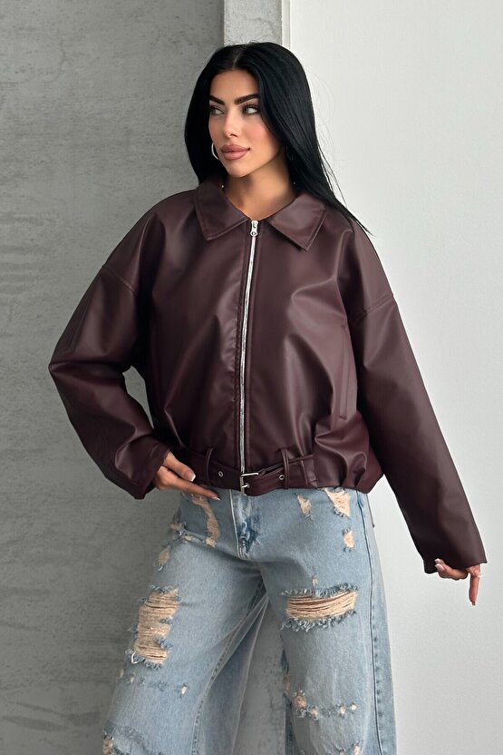 Kadın Oversize Bomber Suni Deri Ceket | Yeni Sezon Kemerli Biker Ceket