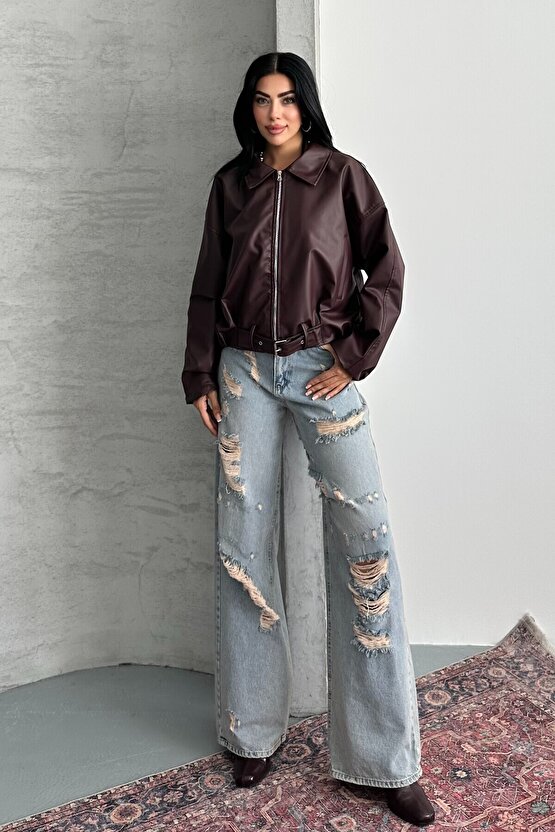 Kadın Oversize Bomber Suni Deri Ceket | Yeni Sezon Kemerli Biker Ceket