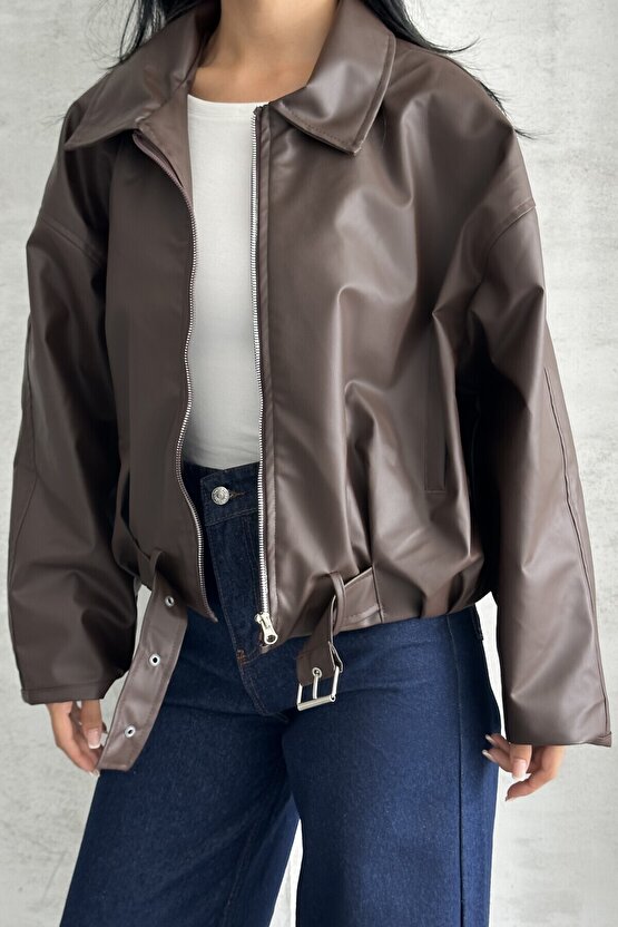 Kadın Oversize Bomber Suni Deri Ceket | Yeni Sezon Kemerli Biker Ceket