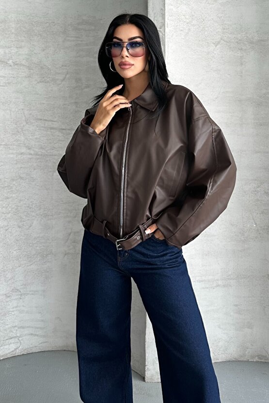 Kadın Oversize Bomber Suni Deri Ceket | Yeni Sezon Kemerli Biker Ceket