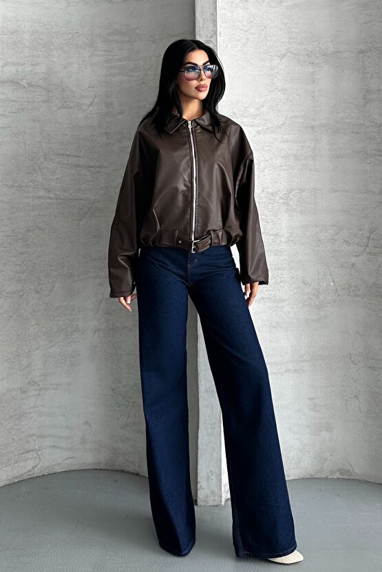 Kadın Oversize Bomber Suni Deri Ceket | Yeni Sezon Kemerli Biker Ceket