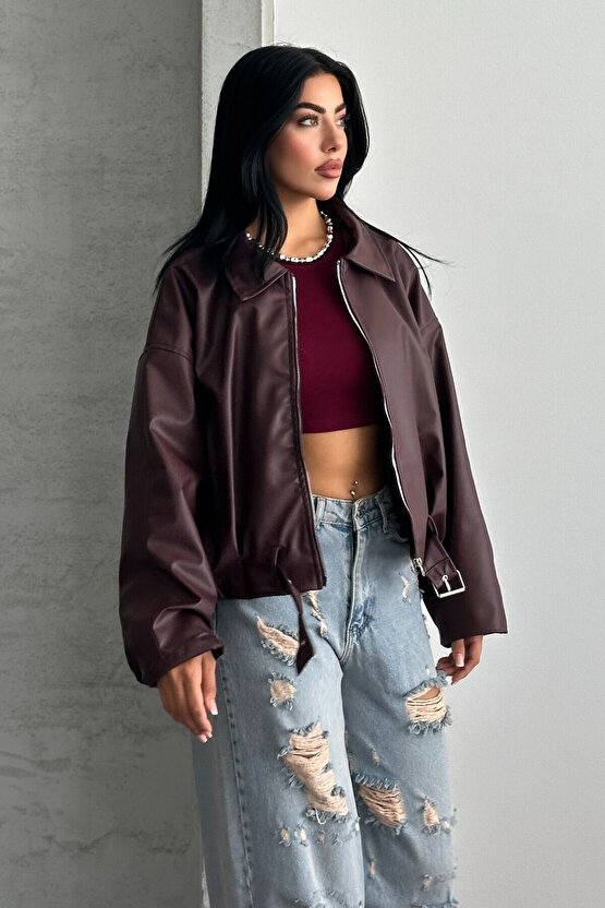 Kadın Oversize Bomber Suni Deri Ceket | Yeni Sezon Kemerli Biker Ceket