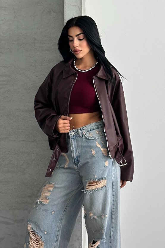 Kadın Oversize Bomber Suni Deri Ceket | Yeni Sezon Kemerli Biker Ceket