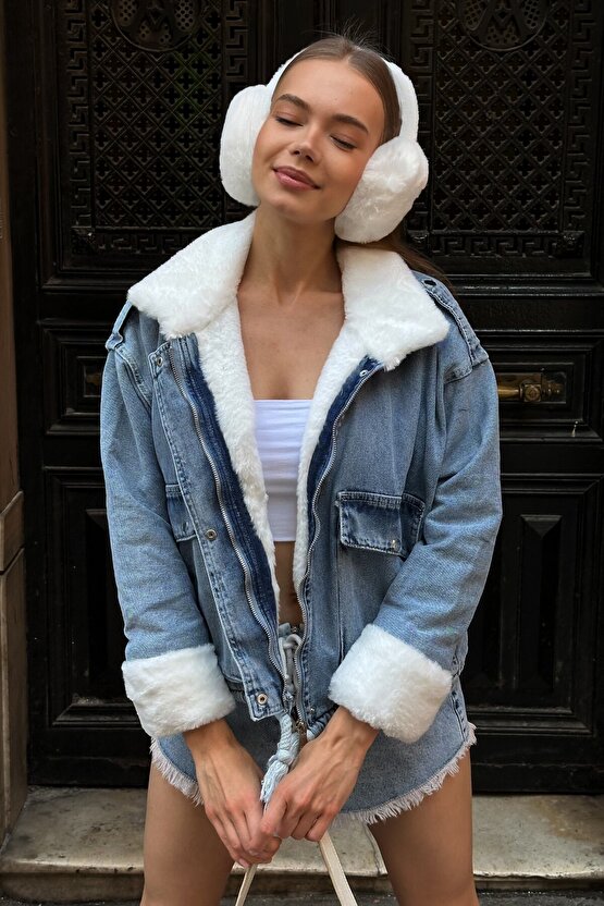 Kadın Oversize Suni Kürk Yakalı Jean Ceket - Peluş Detaylı Bomber