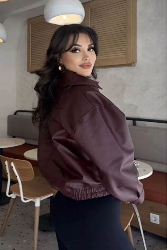 Unisex Deri Bomber Kolej Ceket