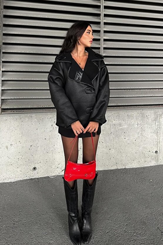 Else Siyah Dokulu Süet Içi Peluşlu Oversize Zr Model Mont