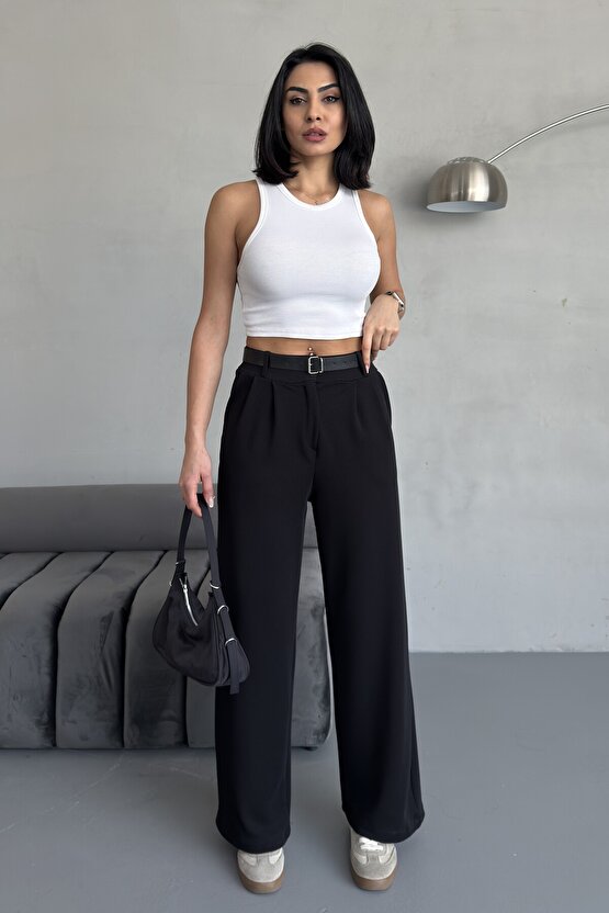 Yüksek Bel Bol Paça Kemerli Likralı Kadın Palazzo Pantolon - Siyah