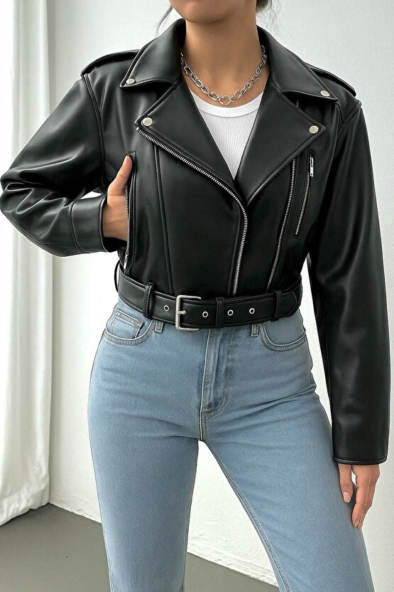 Kemerli Siyah Crop Deri Ceket
