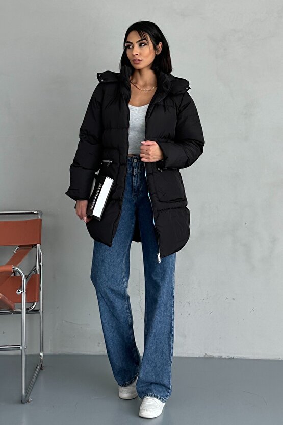 Kadın Kapüşonlu Şişme Uzun Mont