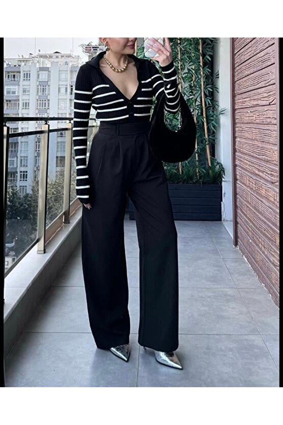 Yüksek Bel Cırt Cırtlı Siyah Bol Paça Cepli En Boy Likralı Rahat Kalıp Kumaş Pantolon Kadın Pileli