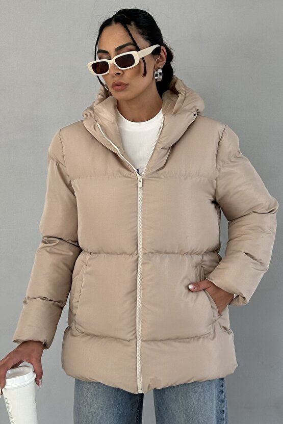 Kadın Bej Kapüşonlu Şişme Mont