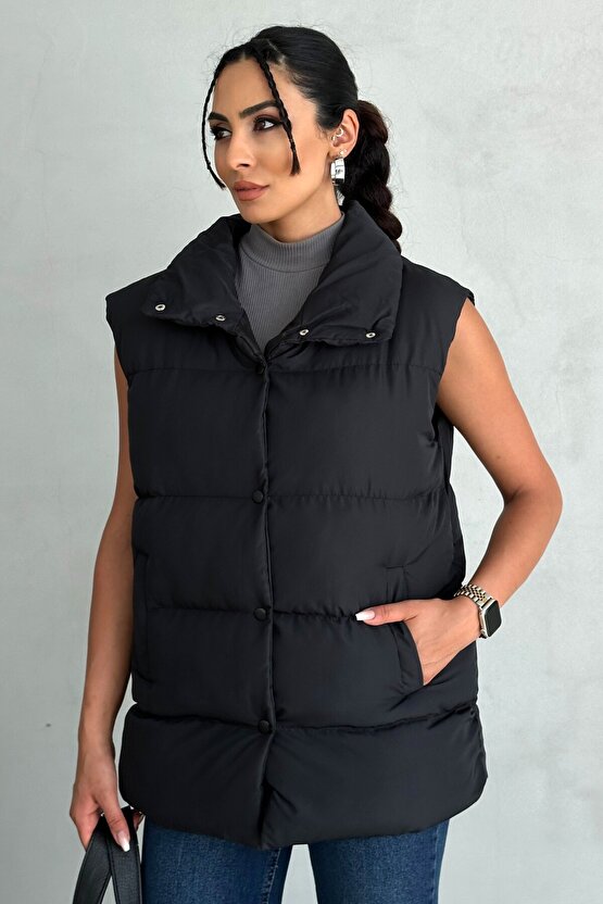 Kadın Filotalı Cep Çıtçıtlı Yakalı Uzun Şişme Yelek