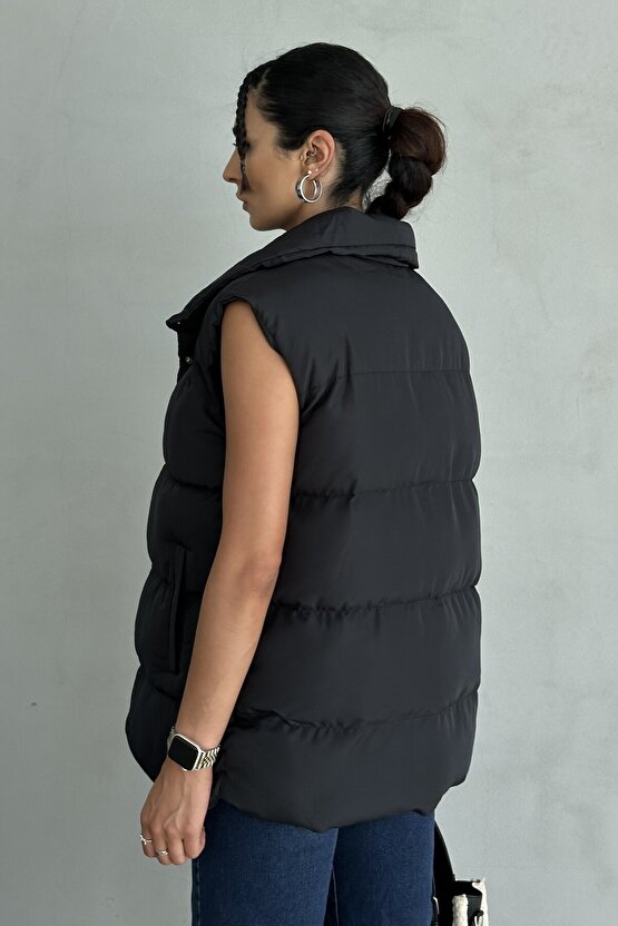 Kadın Filotalı Cep Çıtçıtlı Yakalı Uzun Şişme Yelek