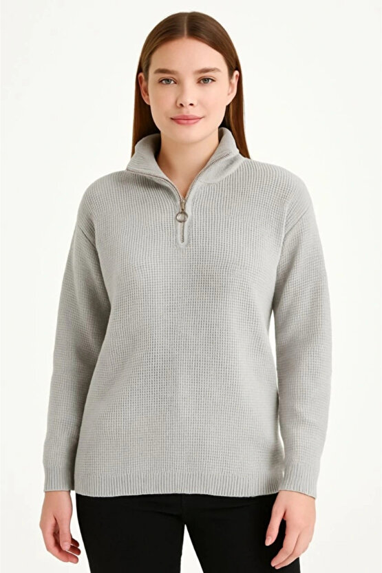 KADIN Yarım Fermuarlı Triko Kazak – Selanik Örgü, Dik Yaka, Pamuklu Dokuma, Regular Fit Uzun Kollu K