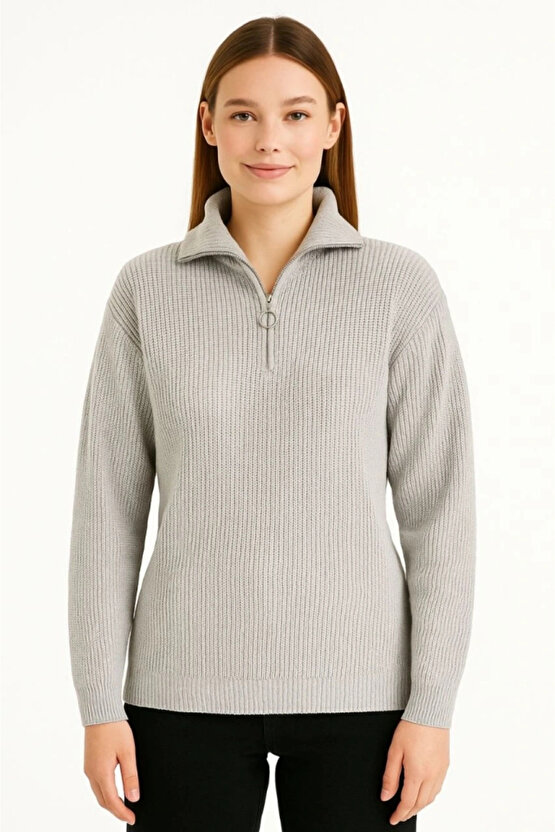 KADIN Yarım Fermuarlı Triko Kazak – Selanik Örgü, Dik Yaka, Pamuklu Dokuma, Regular Fit Uzun Kollu K