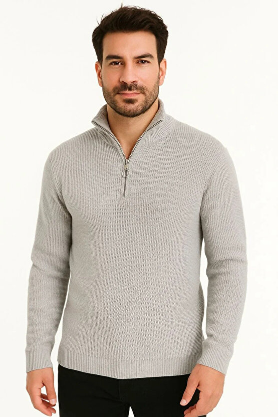Erkek Yarım Fermuarlı Triko Kazak – Selanik Örgü, Dik Yaka, Pamuklu Dokuma, Regular Fit Uzun Kollu K