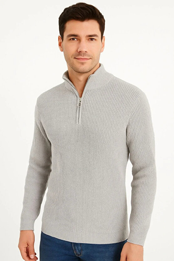 Erkek Yarım Fermuarlı Triko Kazak – Selanik Örgü, Dik Yaka, Pamuklu Dokuma, Regular Fit Uzun Kollu K