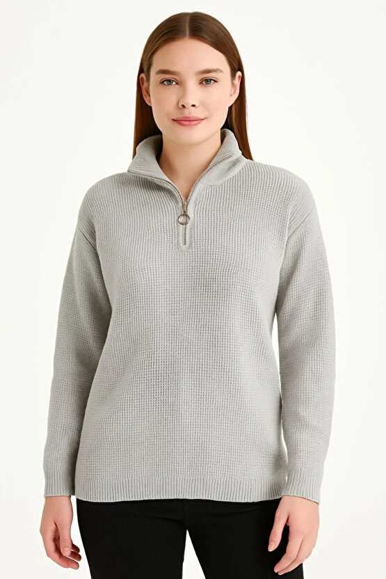 KADIN Yarım Fermuarlı Triko Kazak – Selanik Örgü, Dik Yaka, Pamuklu Dokuma, Regular Fit Uzun Kollu K