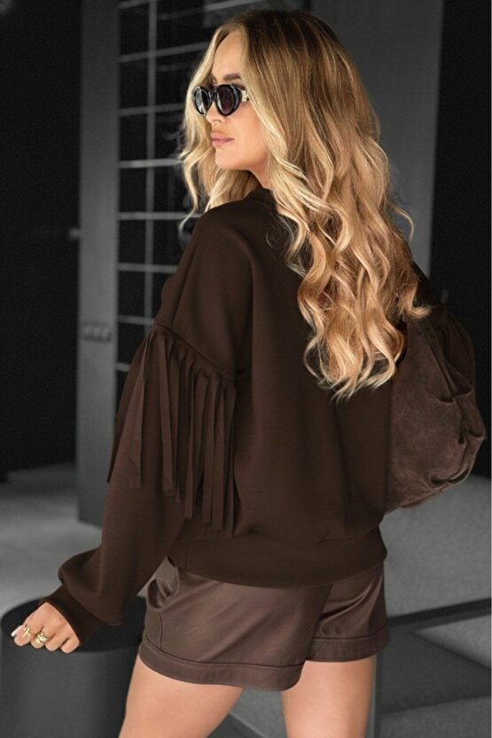 Kadın Uzun Kollu Bisiklet Yaka Kolları Püsküllü Modal Bluz