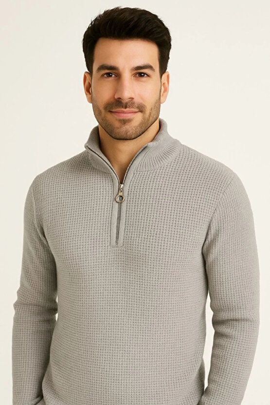 Erkek Yarım Fermuarlı Triko Kazak – Selanik Örgü, Dik Yaka, Pamuklu Dokuma, Regular Fit Uzun Kollu K