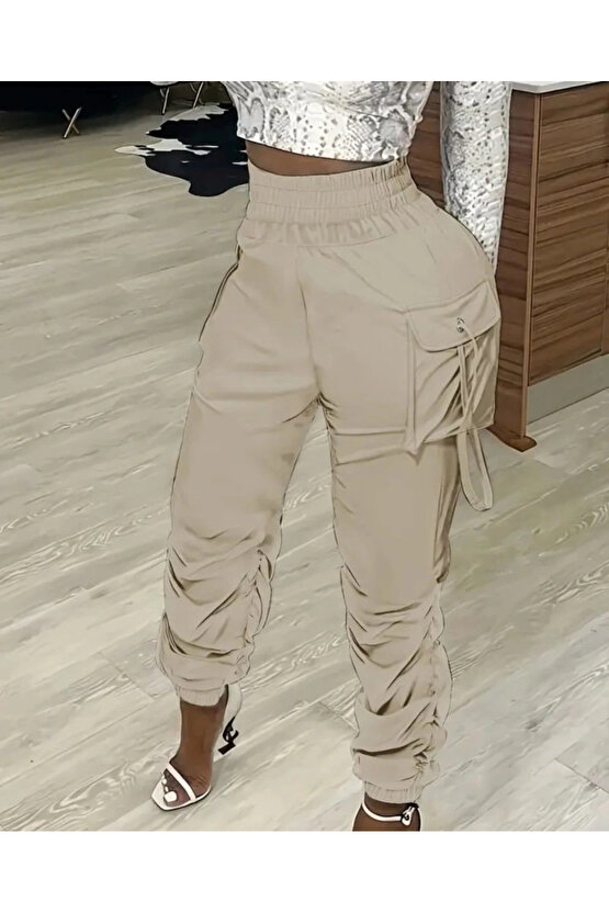 Kadın Yüksek Bel Beli Lastikli Kargo Cep Detaylı Gabardin Pantolon