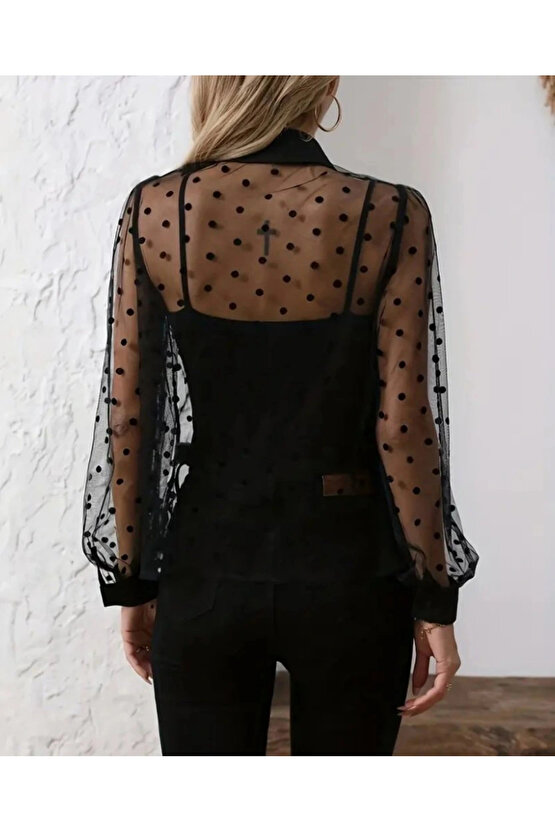 Kadın Uzun Kollu Yakalı şeffaf Tül Detaylı Ve Viskon Atlet Ikili Takım