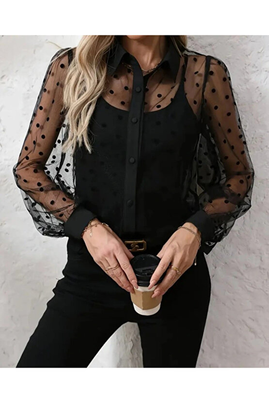 Kadın Uzun Kollu Yakalı şeffaf Tül Detaylı Ve Viskon Atlet Ikili Takım