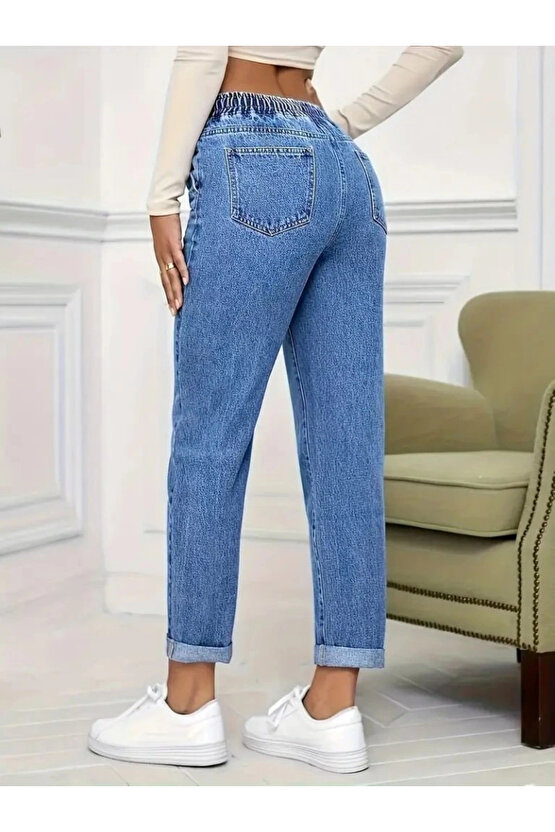 Kadın Yüksek Bel Bağcıklı Kot Pantolon