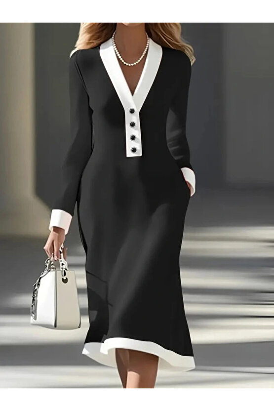 Kadın Uzun Kollu V Yakalı Düğmeli Midi Modal Elbise