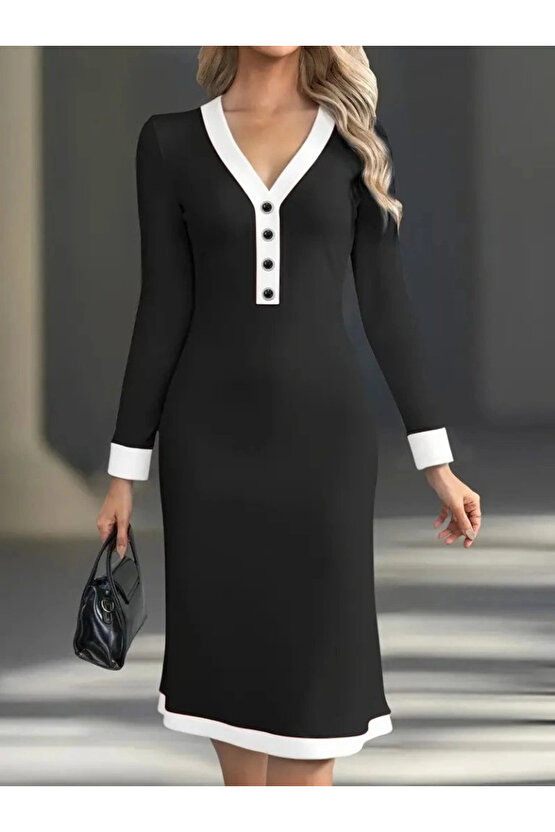 Kadın Uzun Kollu V Yakalı Düğmeli Midi Modal Elbise