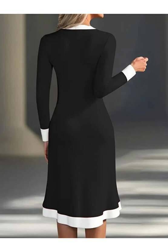 Kadın Uzun Kollu V Yakalı Düğmeli Midi Modal Elbise