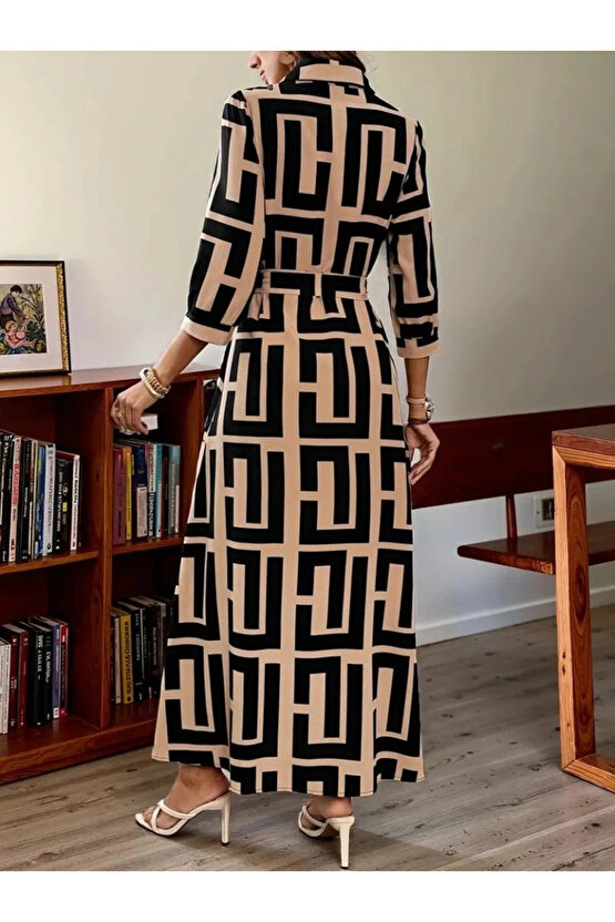 Kadın Uzun Kollu Yakalı önden Düğmeli Uzun Süprem Elbise