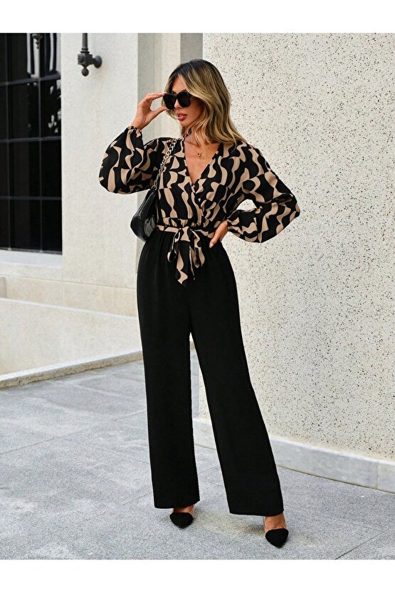 Kadın Uzun Kollu Kruvaze Yakalı Belden Kuşaklı üst Dalgıç Alt Ithal Krep Tulum