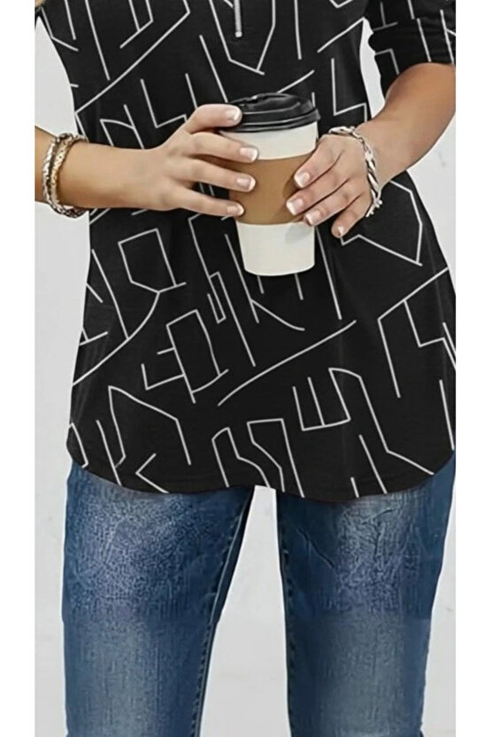 Kadın Uzun Kollu Hakim Yaka Yakadan Fermuarlı Geometrik Desenli Süprem Bluz