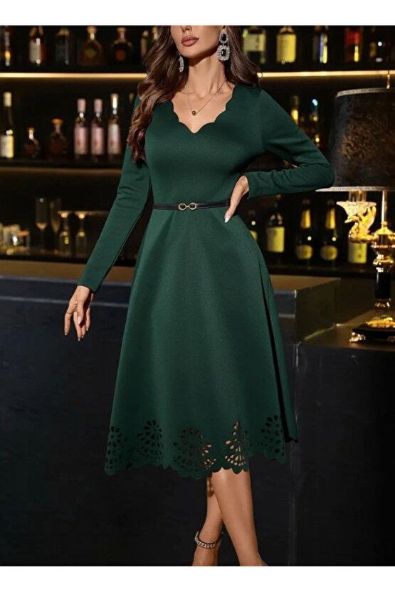 MDB Kadın Uzun Kollu V Yakalı Lazer Kesim Detaylı Midi Ithal Krep Elbise