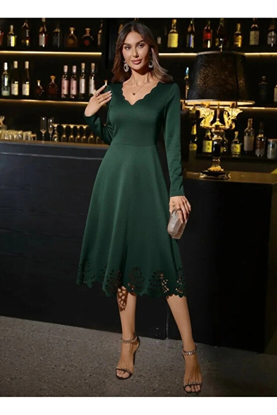 MDB Kadın Uzun Kollu V Yakalı Lazer Kesim Detaylı Midi Ithal Krep Elbise