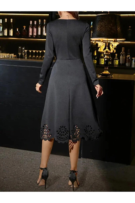 Kadın Uzun Kollu V Yakalı Lazer Kesim Detaylı Midi Ithal Krep Elbise