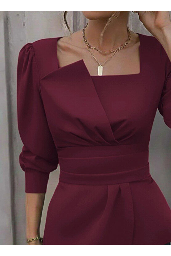 Kadın Uzun Kollu Geometrik Yakalı Belden Oturmalı Ithal Krep Bluz