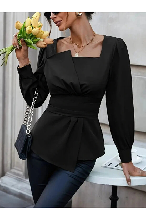 MDB Kadın Uzun Kollu Geometrik Yakalı Belden Oturmalı Ithal Krep Bluz