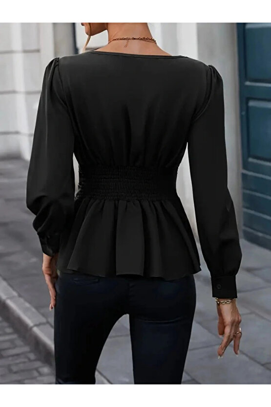 MDB Kadın Uzun Kollu Geometrik Yakalı Belden Oturmalı Ithal Krep Bluz