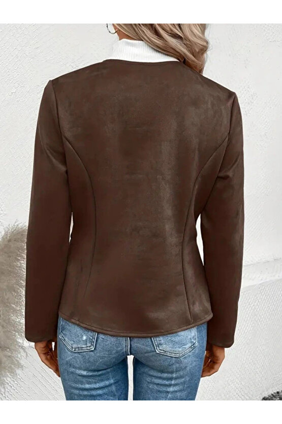 Kadın Uzun Kollu Yuvarlak Yaka önden Fermuarlı Süet Ceket