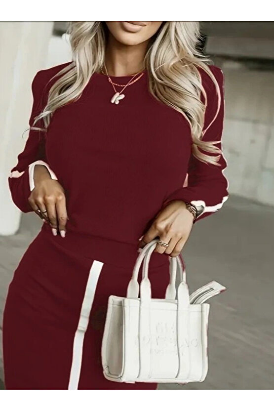 Kadın Uzun Kollu Bisiklet Yaka Kaşkorse Bluz Ve Yırtmaçlı Etek Ikili Takım