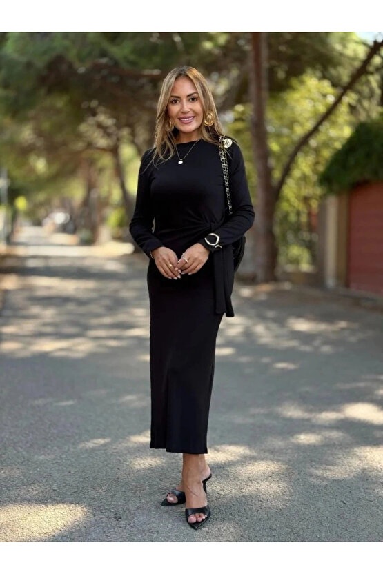 Kadın Uzun Kollu Bisiklet Yaka Yandan Bağlamalı Uzun Modal Elbise