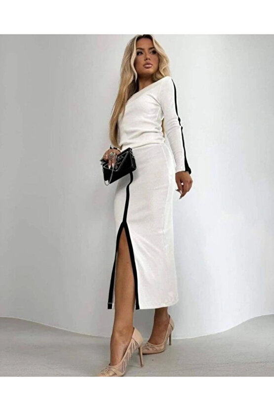 Kadın Uzun Kollu Bisiklet Yaka Kaşkorse Bluz Ve Yırtmaçlı Etek Ikili Takım